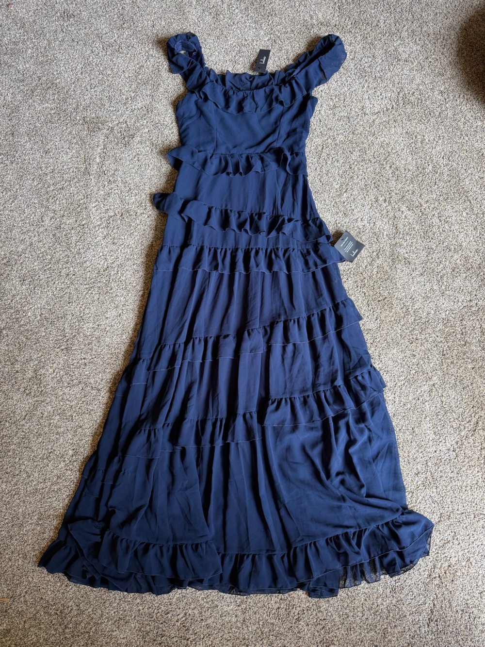 Lulus Compelling Romantic Ruffled Tiered Maxi Dress in Dark Navy Sz M Bridesmaid - Picture 3 of 16
